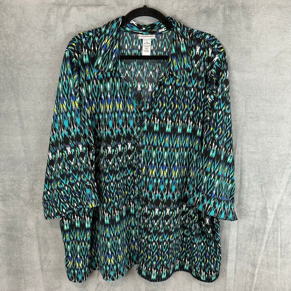 Catherines Top Womens 3X Green Button Down 3/4 Length Sleeve Office Casual